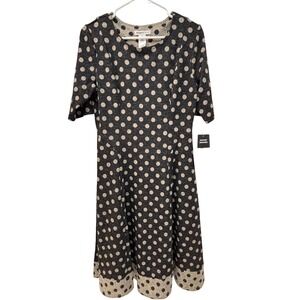 Robbie Bee Womens Polka Dot Fit and Flare Knit Dress Black Tan RB62894A Med NWT